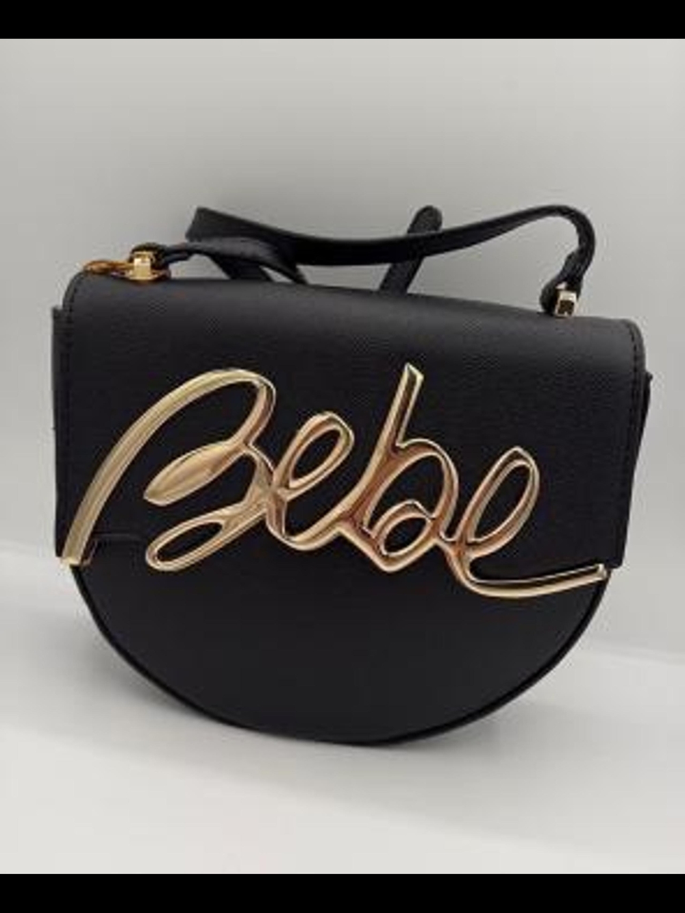 bebe Black Half-Moon Crossbody with Gold Script Logo Accent